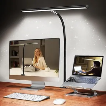 Airlonv LED Desk Lamp for Office Home, Eye-Caring Desk Light with Stepless Dimming Adjustable Flexible Gooseneck, 10W USB Adapter Desk Lamp with Clamp for Reading, Study, Workbench (Dark Black)